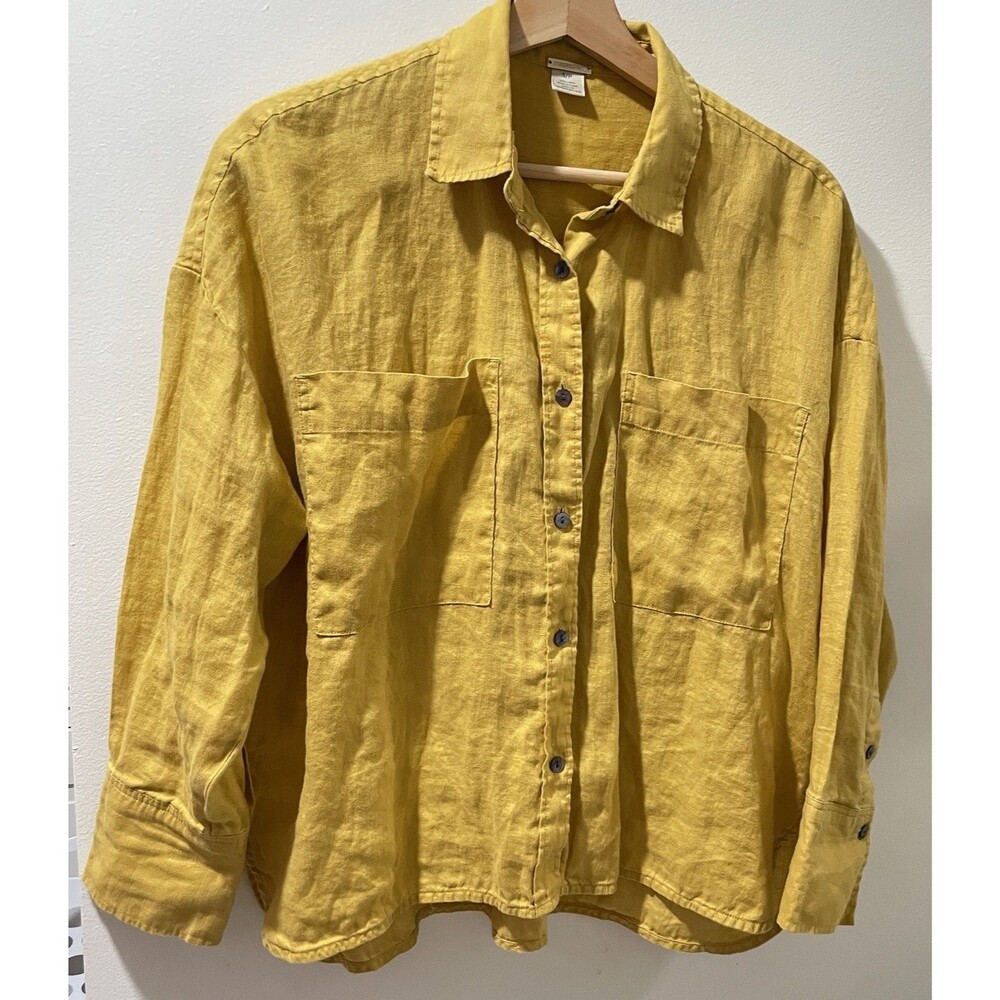 Magaschoni 100% Linen Mustard Yellow Button Down Shirt Size S Oversized